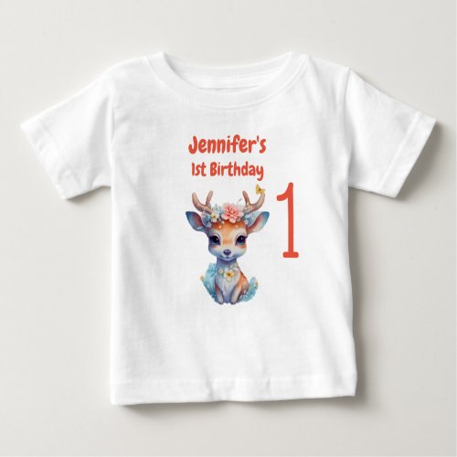 Baby Deer with Antlers and Flower 1st Birthday Baby T_Shirt