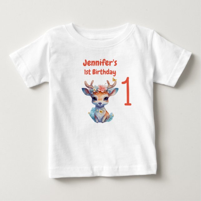 Baby Deer with Antlers and Flower 1st Birthday Baby T-Shirt (Front)
