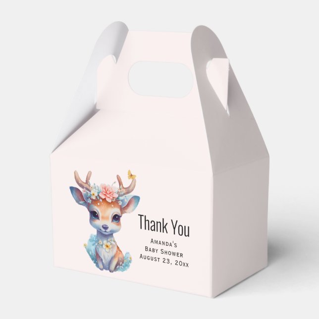 Baby Deer with Antlers and Flowers Baby Shower Favor Boxes (Front Side)