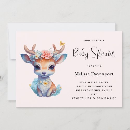 Baby Deer with Antlers and Flowers Baby Shower Invitation