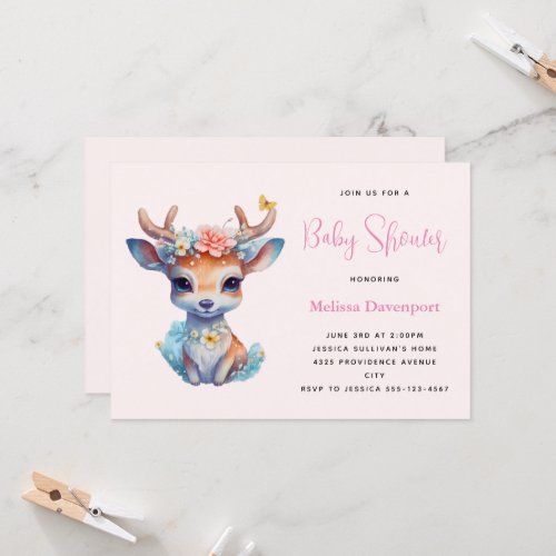 Baby Deer with Antlers and Flowers Baby Shower Invitation