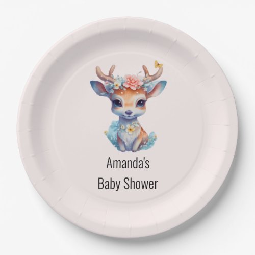 Baby Deer with Antlers and Flowers Baby Shower Paper Plates