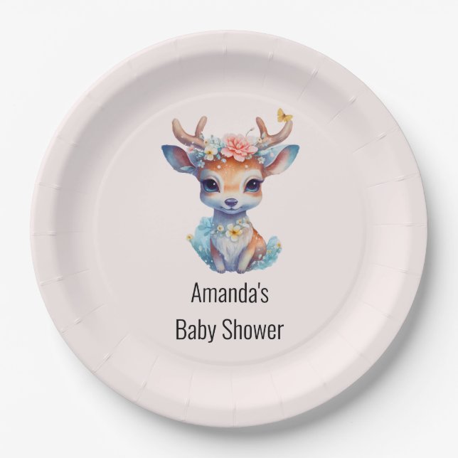 Baby Deer with Antlers and Flowers Baby Shower Paper Plates (Front)