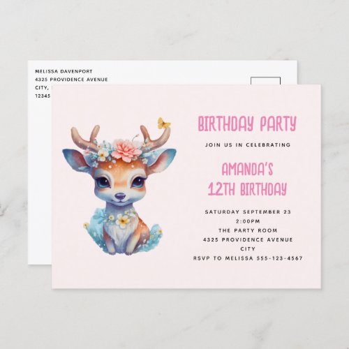 Baby Deer with Antlers and Flowers Birthday Party Postcard