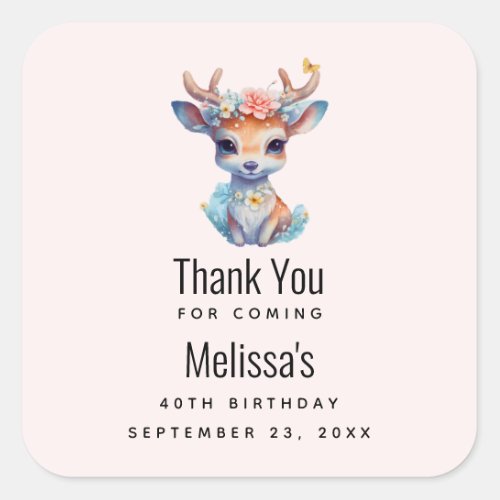 Baby Deer with Antlers and Flowers Birthday Thanks Square Sticker