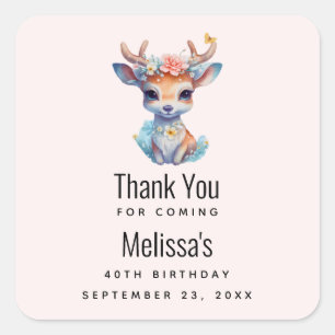 Baby Deer with Antlers and Flowers Birthday Thanks Square Sticker
