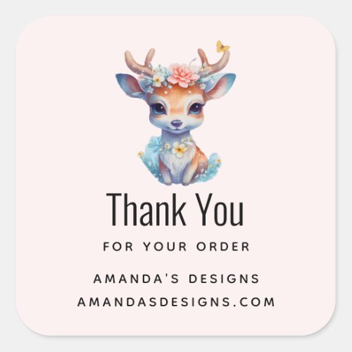 Baby Deer with Antlers and Flowers Business Thanks Square Sticker