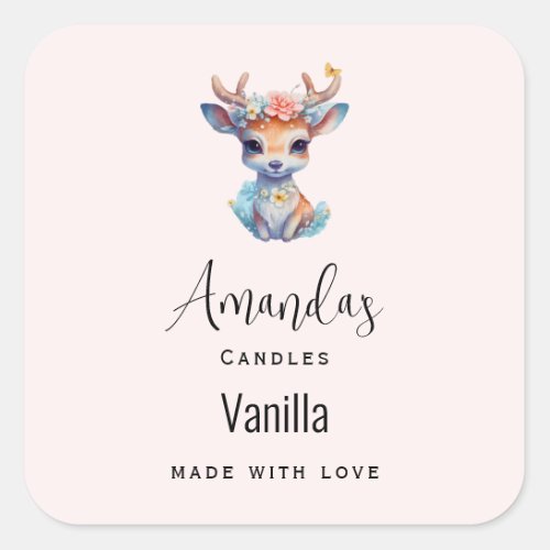 Baby Deer with Antlers and Flowers Candle Business Square Sticker