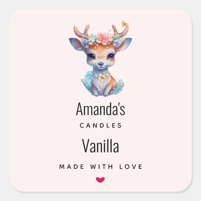 Baby Deer with Antlers and Flowers Candle Business Square Sticker (Front)