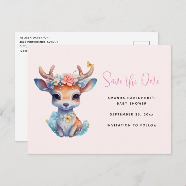 Baby Deer with Antlers and Flowers Save the Date Invitation Postcard (Front/Back)