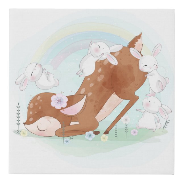 Baby deer with baby bunnies faux canvas print (Front)