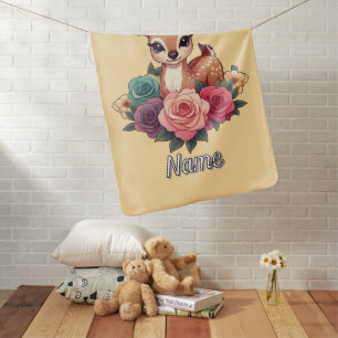 Baby Deer with Roses and Green Foliage Blanket