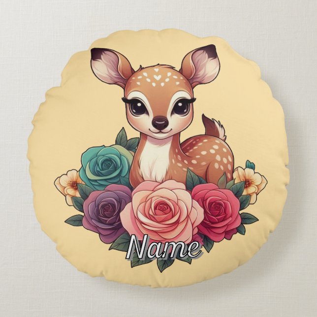 Baby Deer with Roses and Green Foliage Round Pillow (Front)