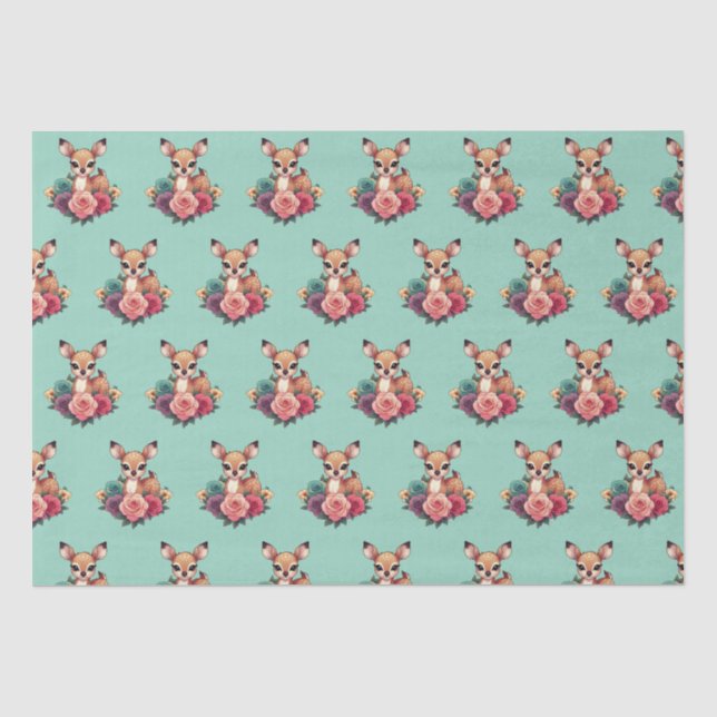Baby Deer with Roses and Green Foliage Tissue Paper (Front)
