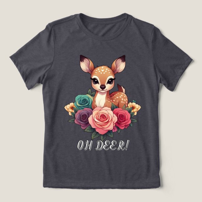 Baby Deer with Roses and Green Foliage Tri-Blend Shirt (Design Front)