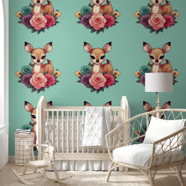Baby Deer with Roses and Green Foliage Wallpaper (Kids)