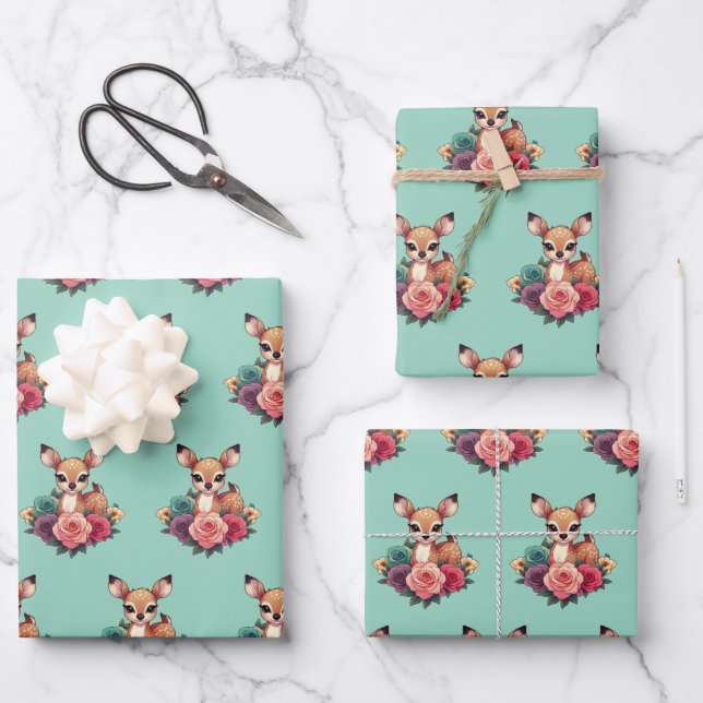 Baby Deer with Roses and Green Foliage Wrapping Paper Sheets (Front)