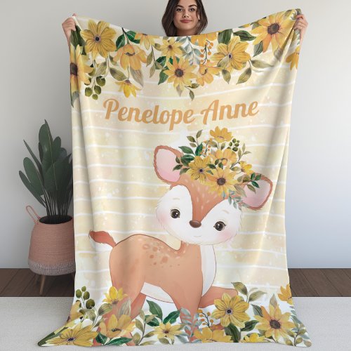 Baby Deer with Sunflowers Fleece Blanket with Name