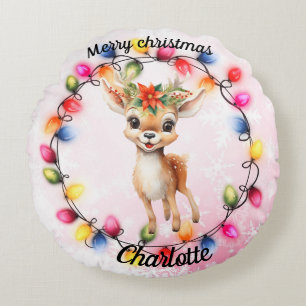 Baby Deer within a wreath of lights Round Pillow