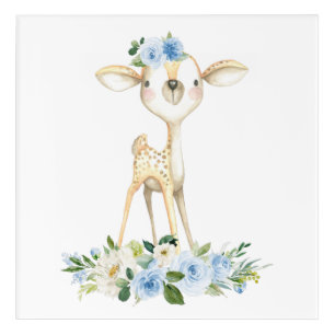 Baby Deer, Woodland Animals, Boho, Blue Flowers Acrylic Print