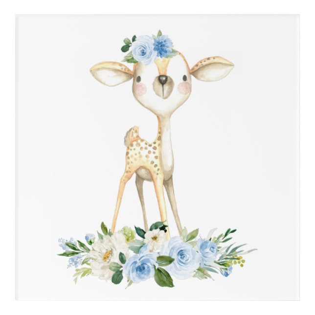 Baby Deer, Woodland Animals, Boho, Blue Flowers Acrylic Print (Front)