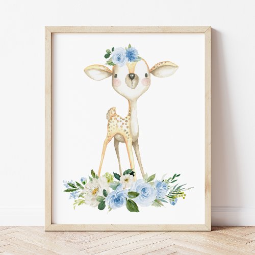 Baby Deer Woodland Animals Boho Blue Flowers Photo Print