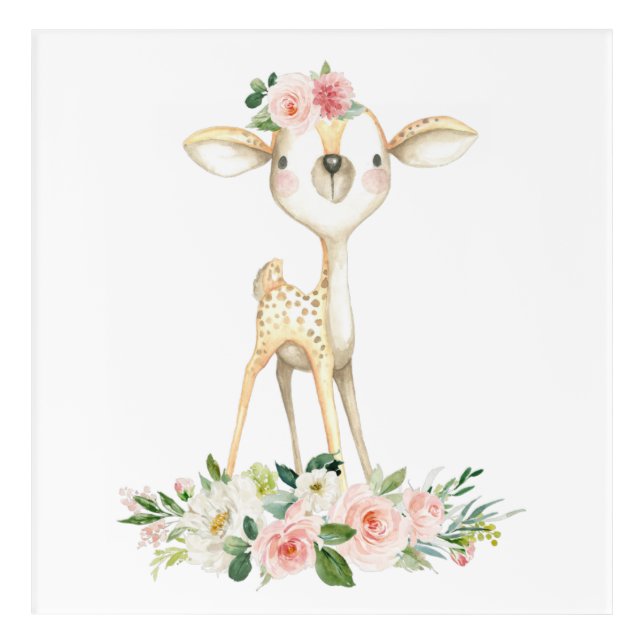 Baby Deer, Woodland Animals, Boho, Pink Flowers Acrylic Print (Front)