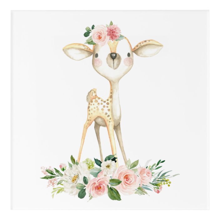 Baby Deer, Woodland Animals, Boho, Pink Flowers Acrylic Print 