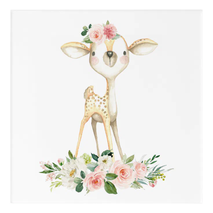 Baby Deer, Woodland Animals, Boho, Pink Flowers Acrylic Print | Zazzle