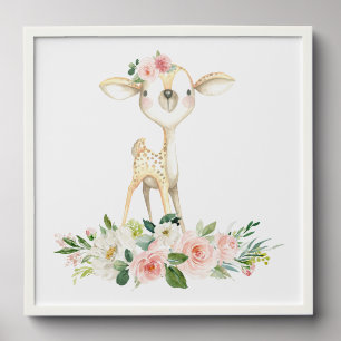 Baby Deer, Woodland Animals, Boho, Pink Flowers Peel And Stick Photo Tile
