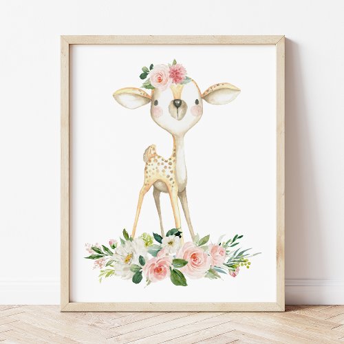 Baby Deer Woodland Animals Boho Pink Flowers Poster