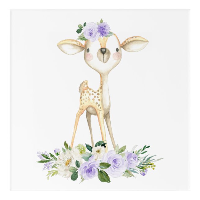 Baby Deer, Woodland Animals, Boho, Purple Flowers Acrylic Print (Front)