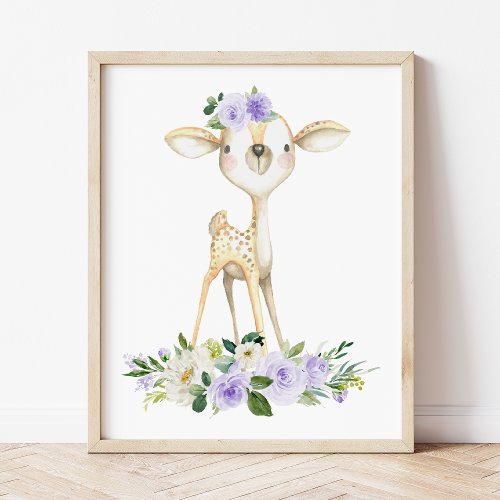 Baby Deer Woodland Animals Boho Purple Flowers Poster