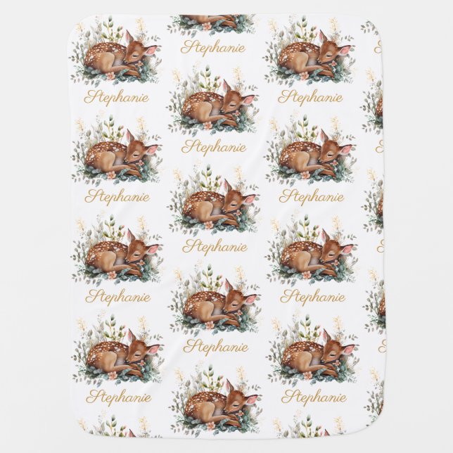 Baby Deer Woodland Custom Name Baby Blanket (Front)