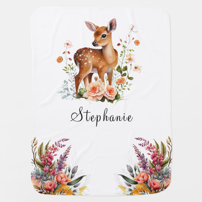 Baby Deer Woodland Floral Custom Name Baby Blanket (Front)