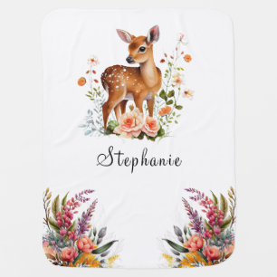 Baby Deer Woodland Floral Custom Name Blanket