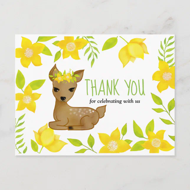 Baby Deer Yellow Florals | Baby Shower Thank You Postcard | Zazzle