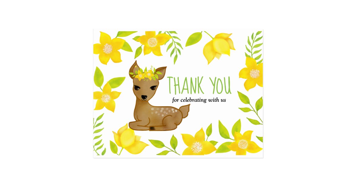 Baby Deer Yellow Florals | Baby Shower Thank You Postcard | Zazzle.com