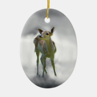 Baby deer's curiosity ceramic ornament