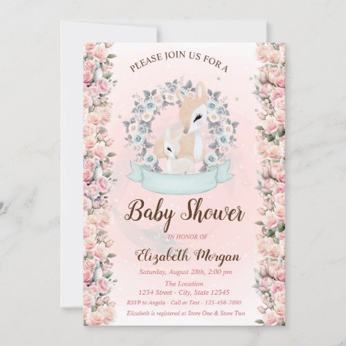 Baby Deers Flowers Roses Baby Shower  Invitation