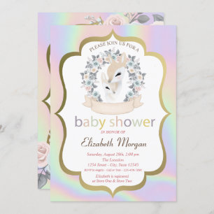 Baby Deers Frame Roses Holographic Baby Shower Invitation