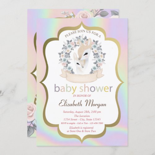 Baby Deers Frame Roses Holographic Baby Shower Invitation