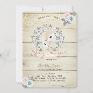 Baby Deers Wood Texture Flowers Baby Shower Invitation