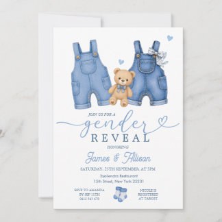 Baby Denim Clothes Bear Gender Reveal Invitation