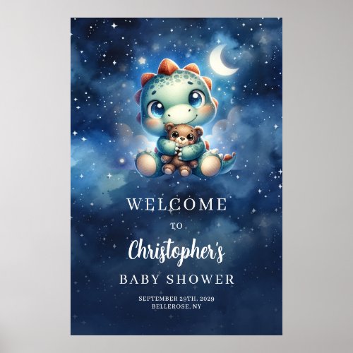 Baby dino hugging teddy bear Baby Shower Welcome Poster