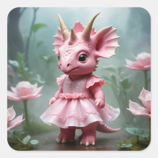 Baby Dino in a Pink Dress Square Sticker