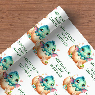 Baby Dino Shower Wrapping Paper Cute Hatching Soon