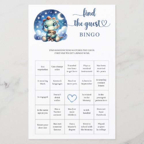 Baby dino starry night Find The Guest Bingo game