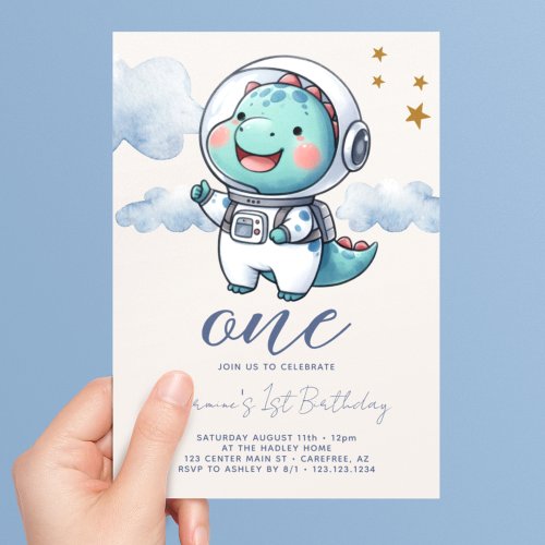 Baby Dinosaur Astronaut Boy 1st Birthday Invitation