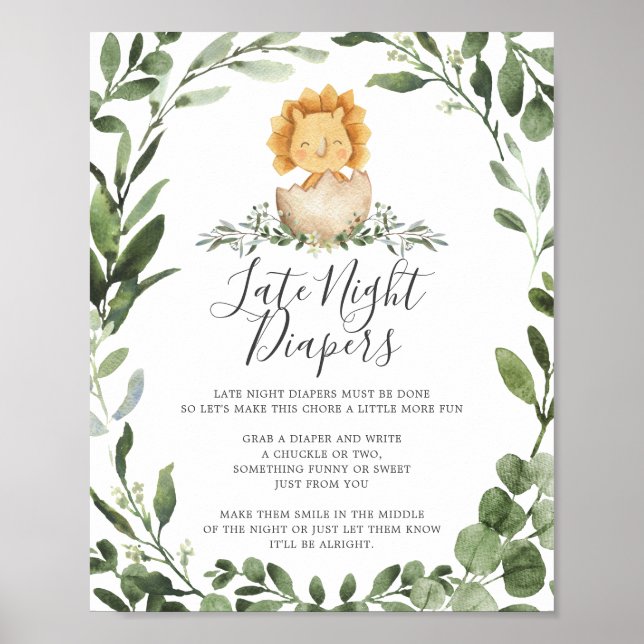Baby Dinosaur Baby Shower Late Night Diapers Sign (Front)